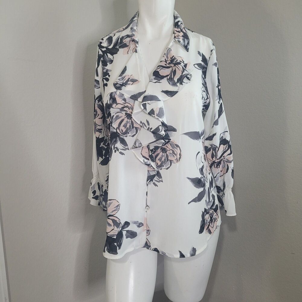 Karl Lagerfeld Paris Small blouse flower button v-neck ruffle sheer
